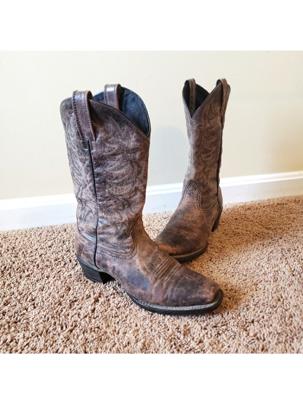 laredo distressed leather cowboy western boots rare black tan 8.5 D